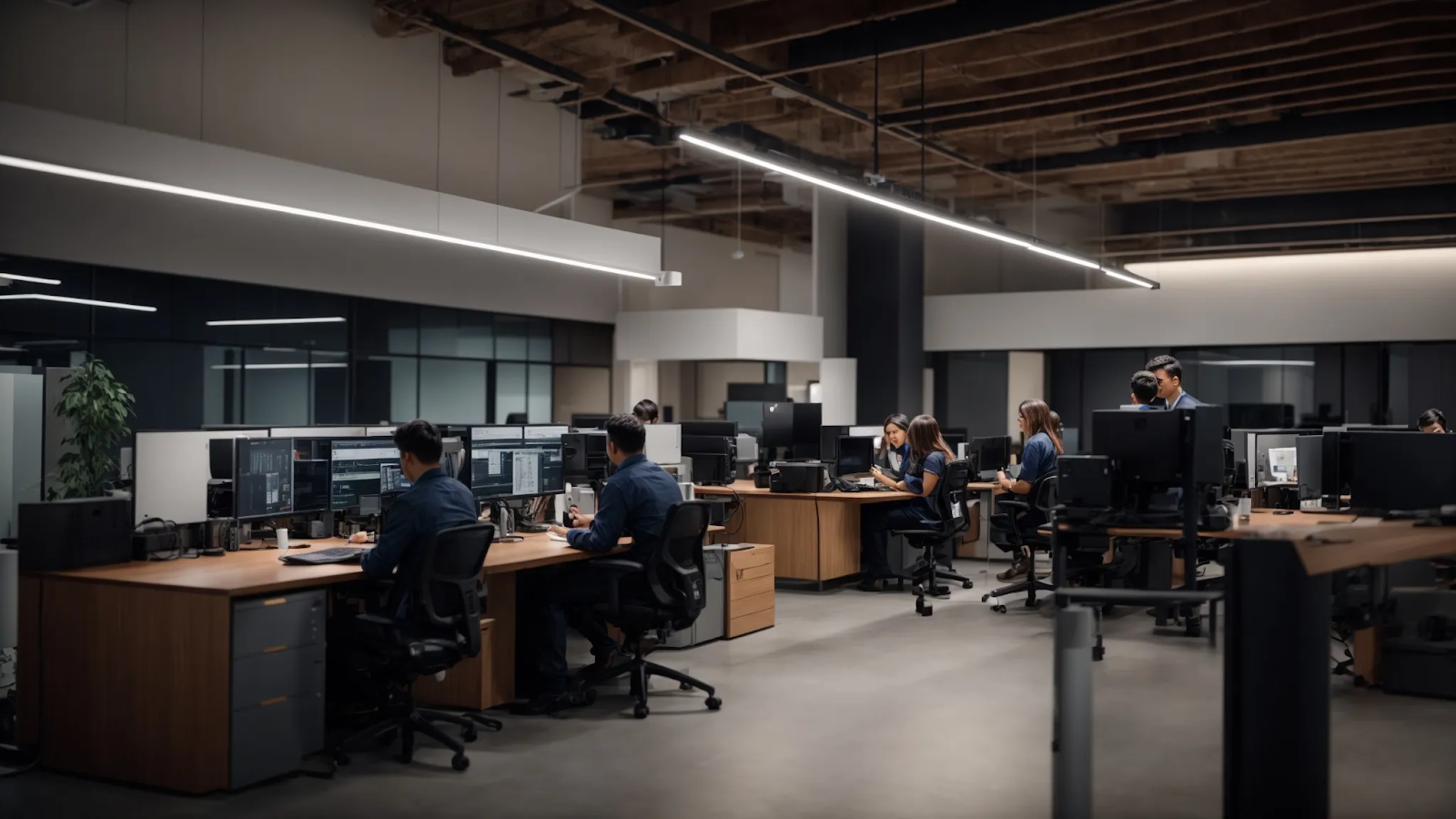 Modern office with employees monitoring data on multiple screens, illustrating telecom expense management software in action.